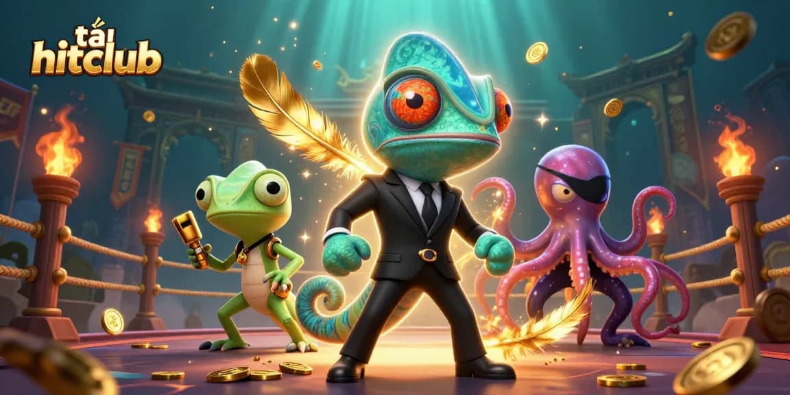 Engage with the thrilling world of tải hitclub, featuring a dynamic 3D illustration of casino characters in action.