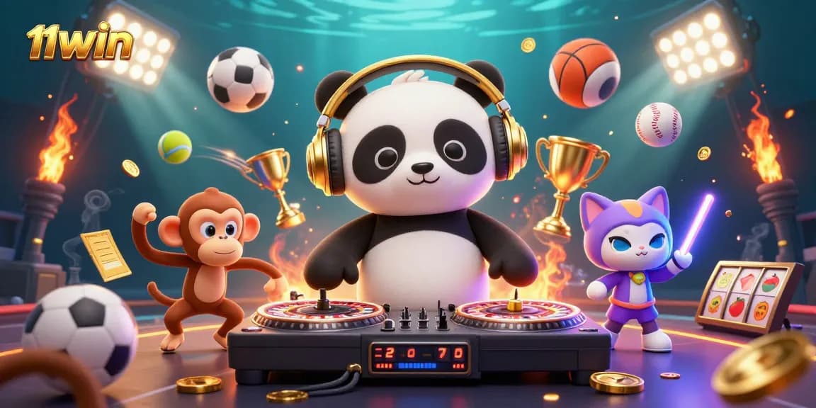 Join the excitement at 11WIN with a dancing DJ panda and sports-themed elements.