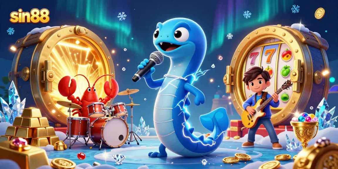 sin88 features a vibrant underwater casino scene with an electric eel DJ and treasure elements, embodying excitement.