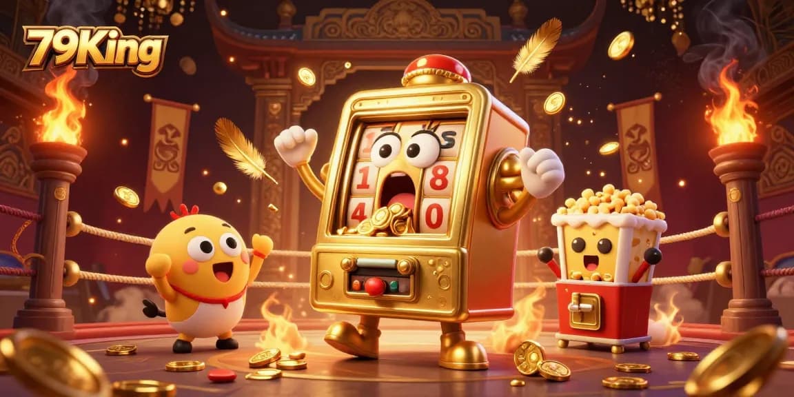 Join the fun at 79King as the golden slot machine hits jackpots and coins fly!