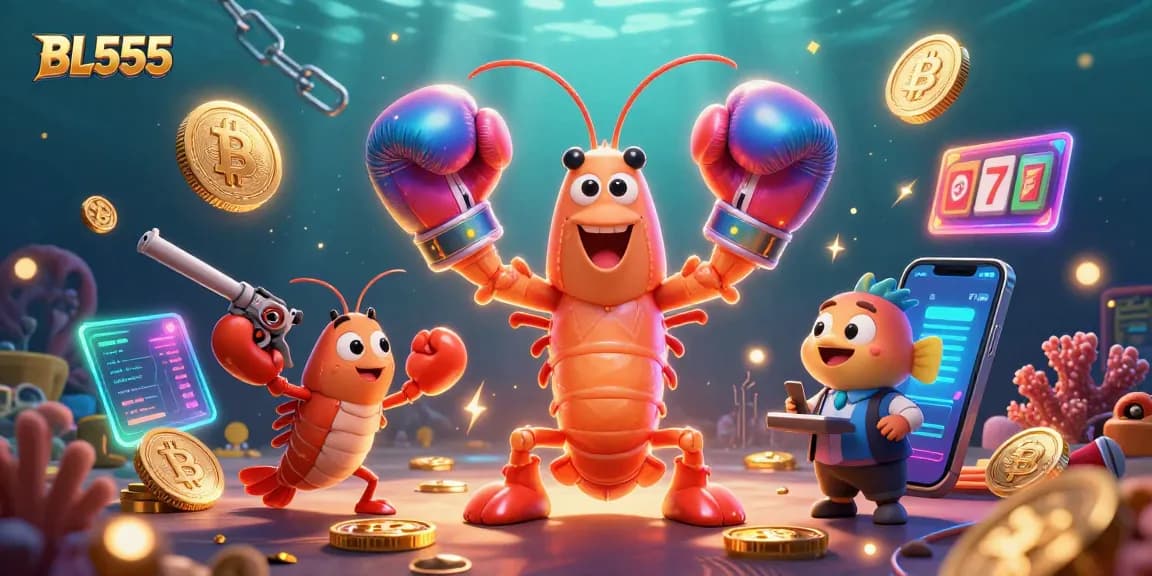 Experience the vibrant world of BL555, featuring a mantis shrimp and his sidekick amidst energetic gaming elements, showcasing online betting.
