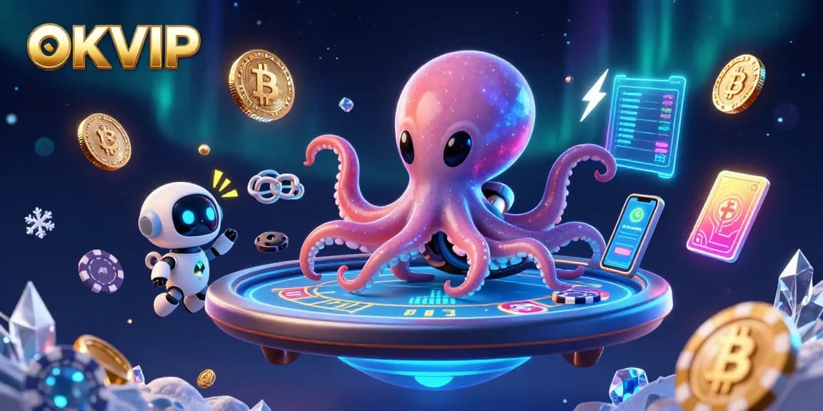 Engage with exciting poker games at OKVIP featuring a cartoon alien octopus and robot, showcasing cryptocurrency elements.
