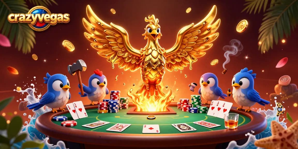 Engage with the thrill of crazyvegas as the golden phoenix rises from a poker game scene.