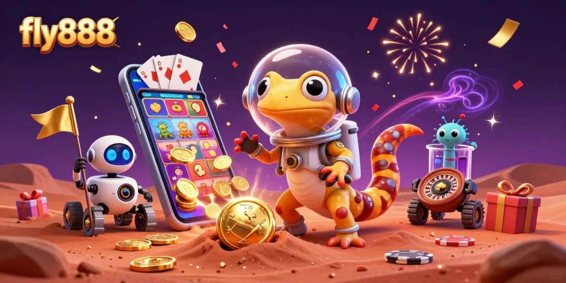 Experience thrilling gaming at fly888 with a Martian gecko discovering a golden casino.