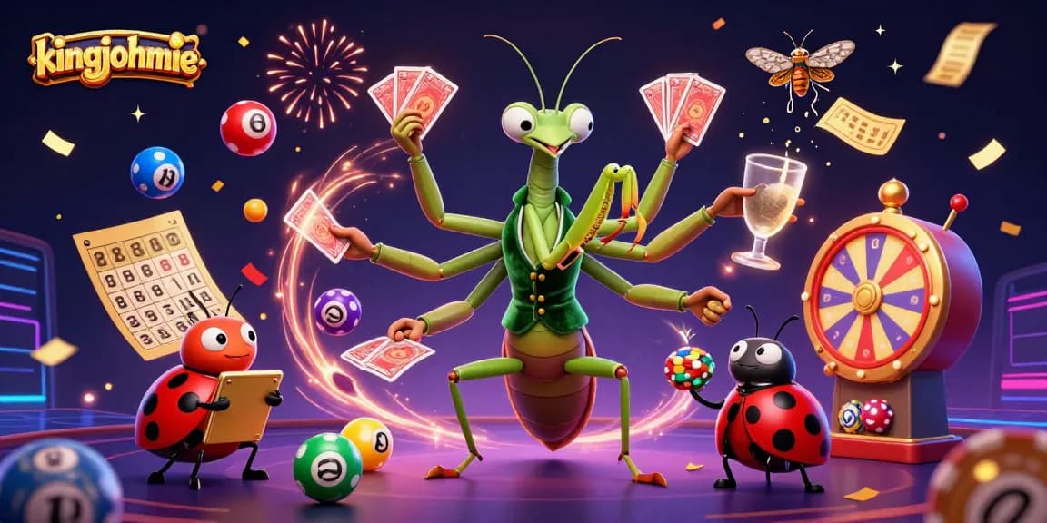 Join kingjohnnie as a giant mantis deals cards amidst a vibrant lottery scene filled with excitement.