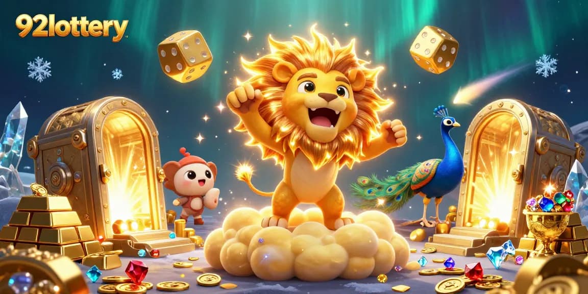 Experience thrilling wins with 92lottery, illustrated by a vibrant 3D scene filled with magnificent treasures.