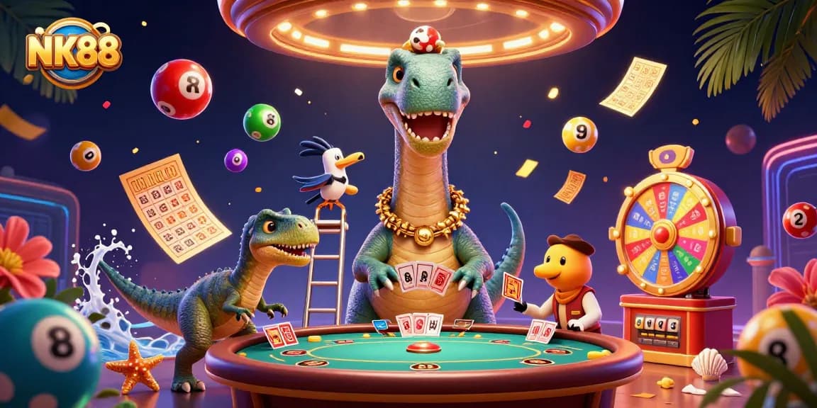 Experience the excitement of NK88 with a thrilling 3D casino illustration featuring unique characters and vibrant gambling elements.