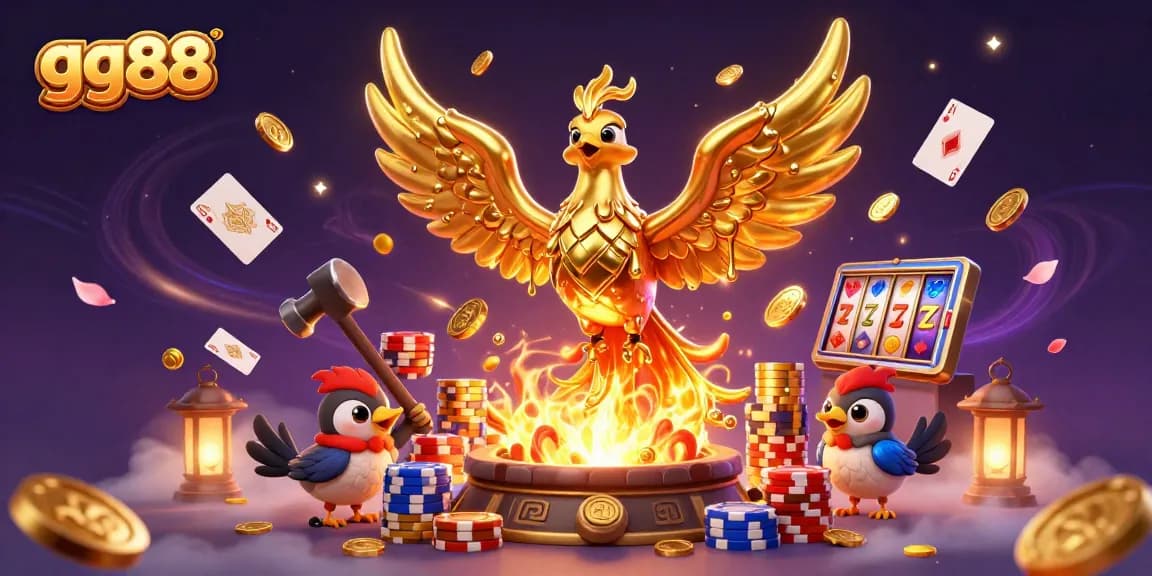 Experience the thrilling essence of gg88 with a golden phoenix and casino elements in this vibrant illustration.