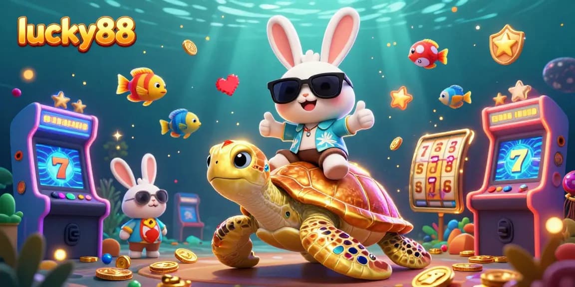 Play slots with lucky88 as a cartoon rabbit and sea turtle create a festive casino scene.