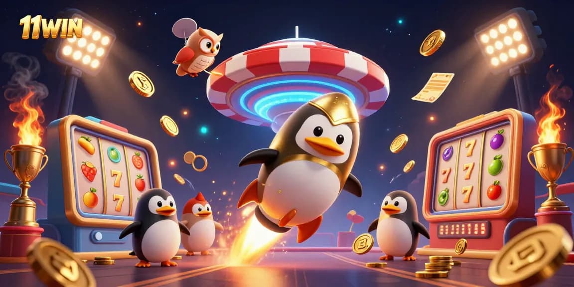 Experience exhilarating slots action with 11WIN's golden penguin and jackpot reels in a captivating 3D scene.