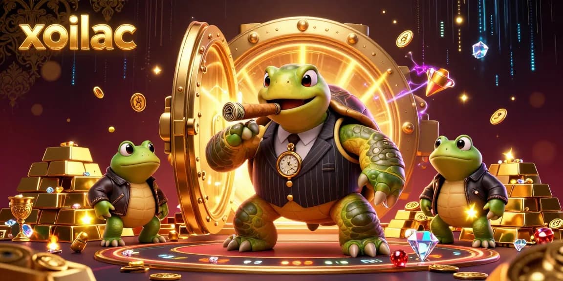 Engage with xoilac's vibrant casino scene featuring a snapping turtle and bullfrog enforcers in a treasure-filled atmosphere.