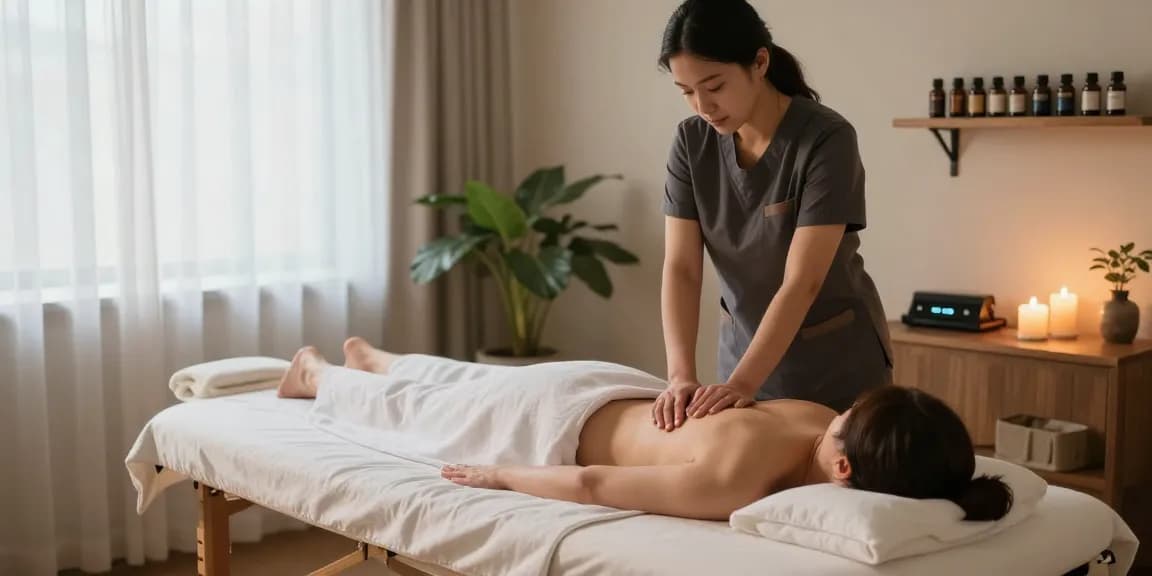 안양출장안마 session in a serene therapy room with essential oils and calming atmosphere.
