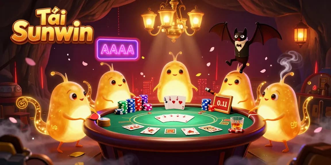 Tải Sunwin as glowworms illuminate the lively cave casino scene with poker elements and a bat dealer.