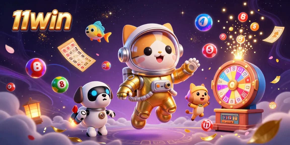 Experience thrilling wins with 11WIN in this dynamic lottery adventure illustration.