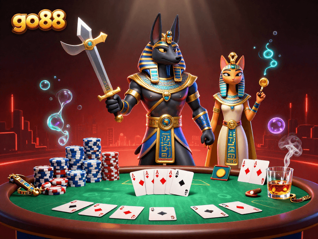 Experience high-stakes excitement with go 88 in a vibrant 3D casino scene featuring Anubis and Bastet.