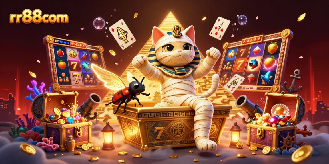 Experience exciting casino gameplay with the stunning rr88com mummy cat illustration showcasing vibrant slots and treasures.
