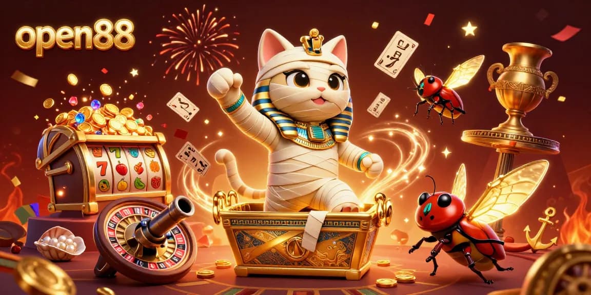 Experience thrilling gaming at open88 with an Egyptian mummy cat and a scarab beetle bringing luck in a vibrant casino scene.