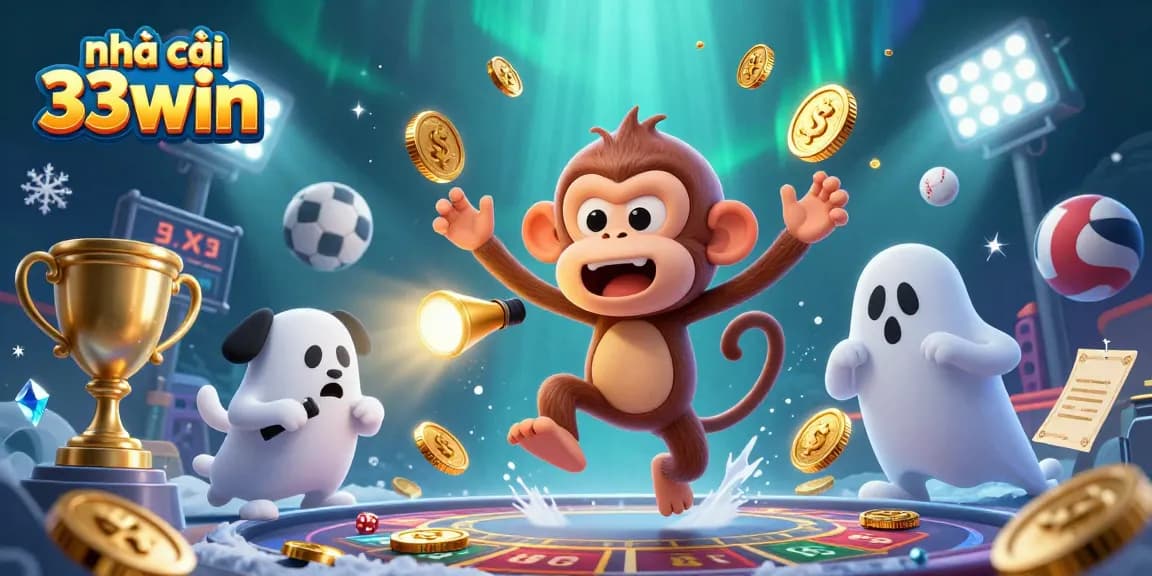 Experience the exciting world of nhà cái 33win with a playful ghost monkey juggling golden chips amidst vibrant casino elements.