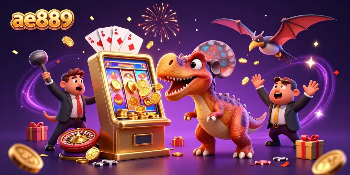 Experience the excitement of ae889 with a pachycephalosaurus winning jackpots amidst flying coins in a vibrant casino scene.