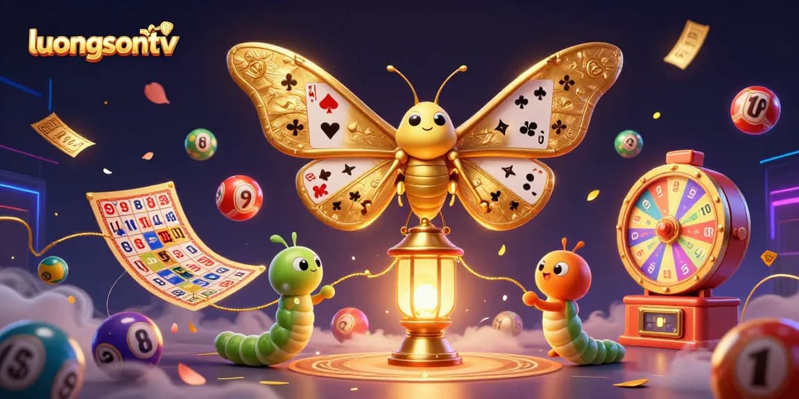 Engage with luongsontv through this vibrant illustration featuring a grand moth amidst colorful gambling elements.