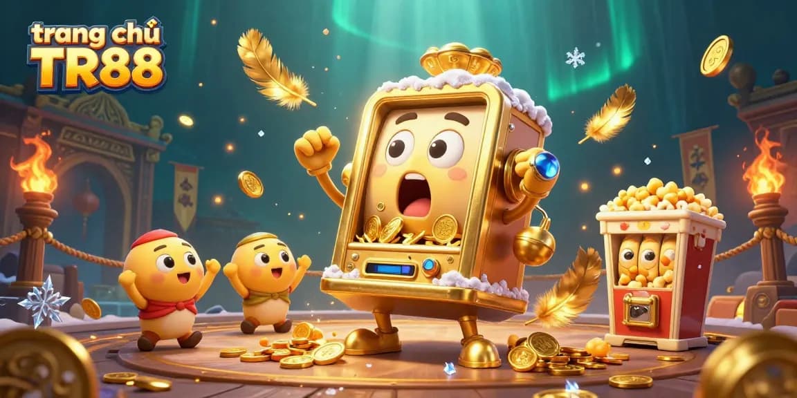 Engaging scene portraying the golden slot machine winning a jackpot at trang chủ TR88 with cheering companions and vibrant decorations.