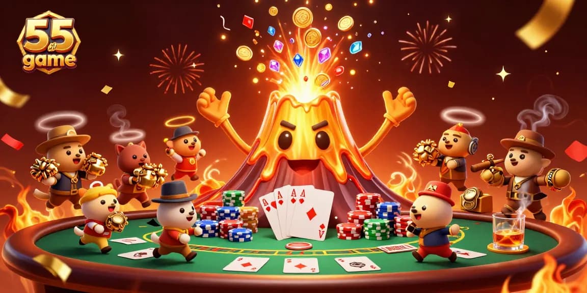 Experience the excitement of the 55 club game with golden eruptions and treasure in this vibrant scene.