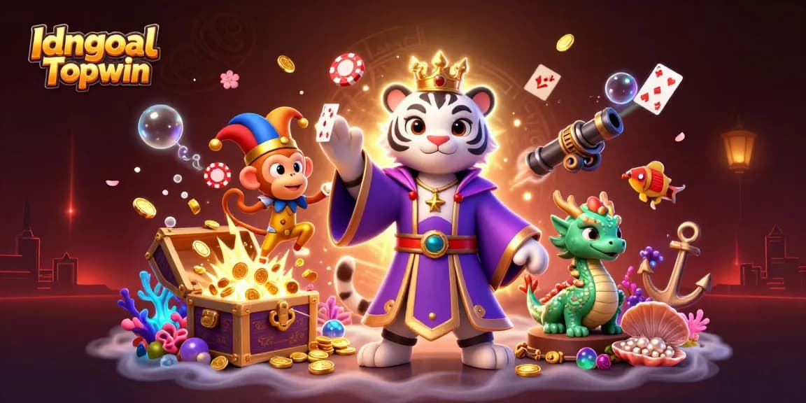 Engage with Idngoal Topwin in a vibrant, dynamic 3D casino scene filled with thrilling elements.