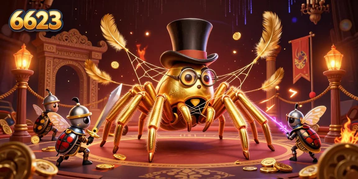 Engage with 6623's vibrant casino scene featuring a golden tarantula and knight in action.
