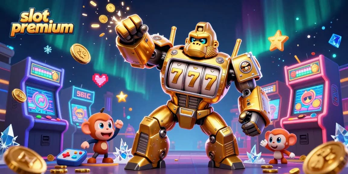 Engage with the vibrant slot premium experience, showcasing an epic golden gorilla mech and arcade game elements.
