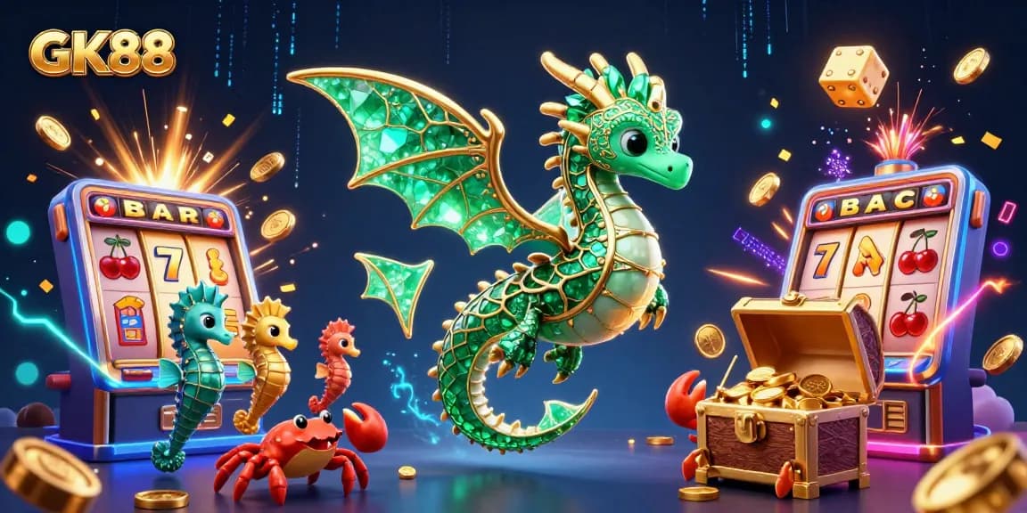 Win big with GK88 at a vibrant casino, featuring a magical sea dragon and slot machine.