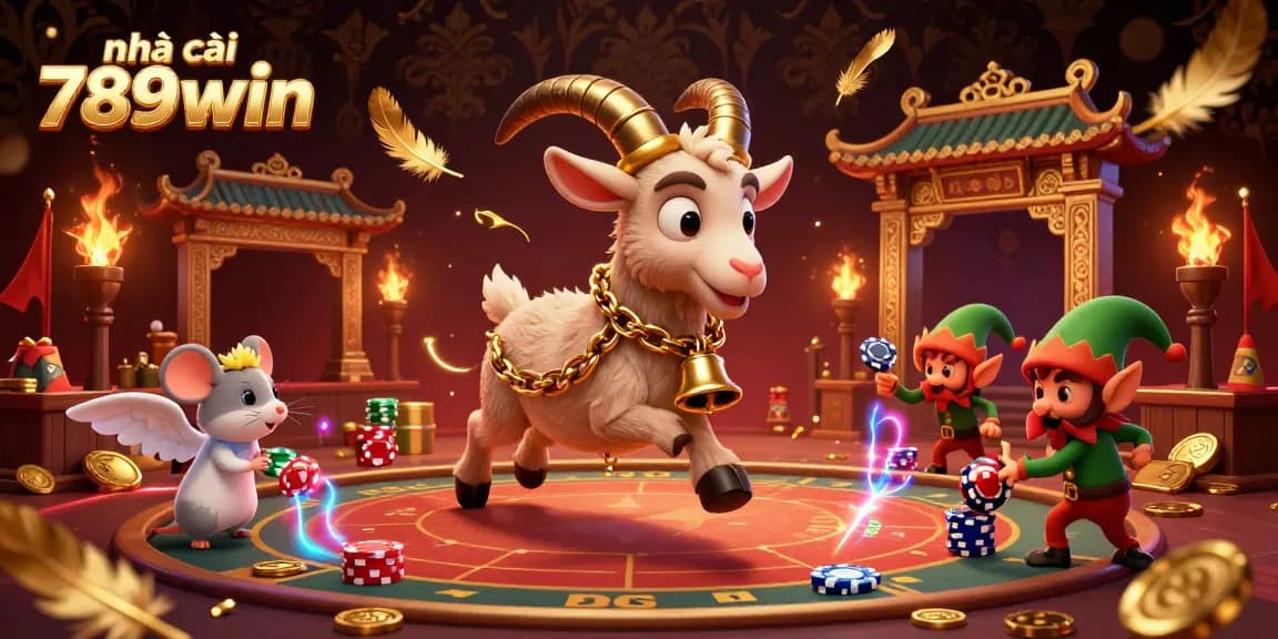 Experience the lively scenes at nhà cái 789win with a festive Krampus goat and playful gremlins in a bustling casino.