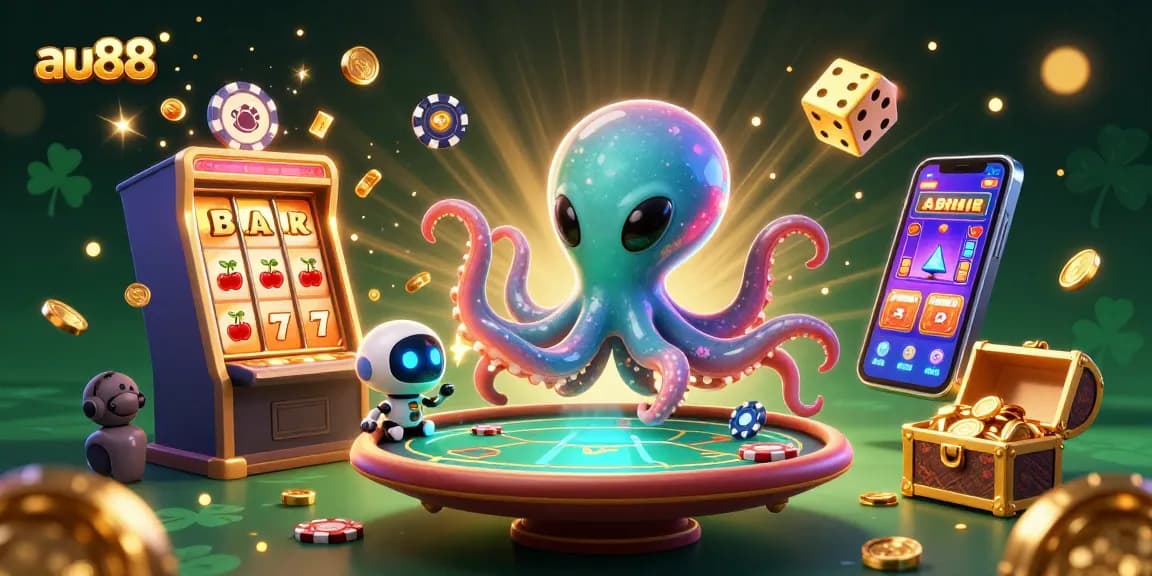Engage with the dynamic gameplay of au88 as a colorful alien octopus operates a poker table amidst vibrant casino elements.