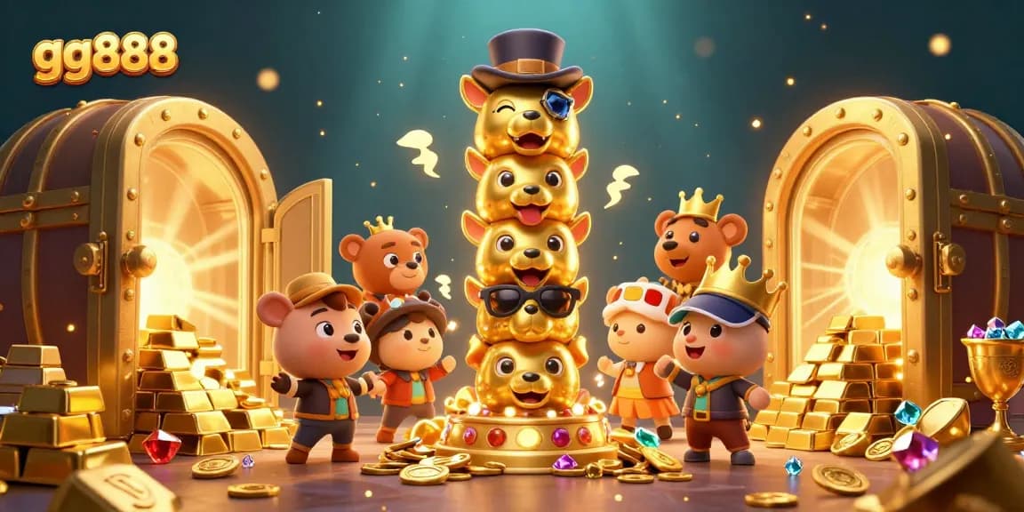 Experience thrilling wins at gg888, featuring a dynamic 3D colorful totem pole amidst golden treasures and spirit wisps.