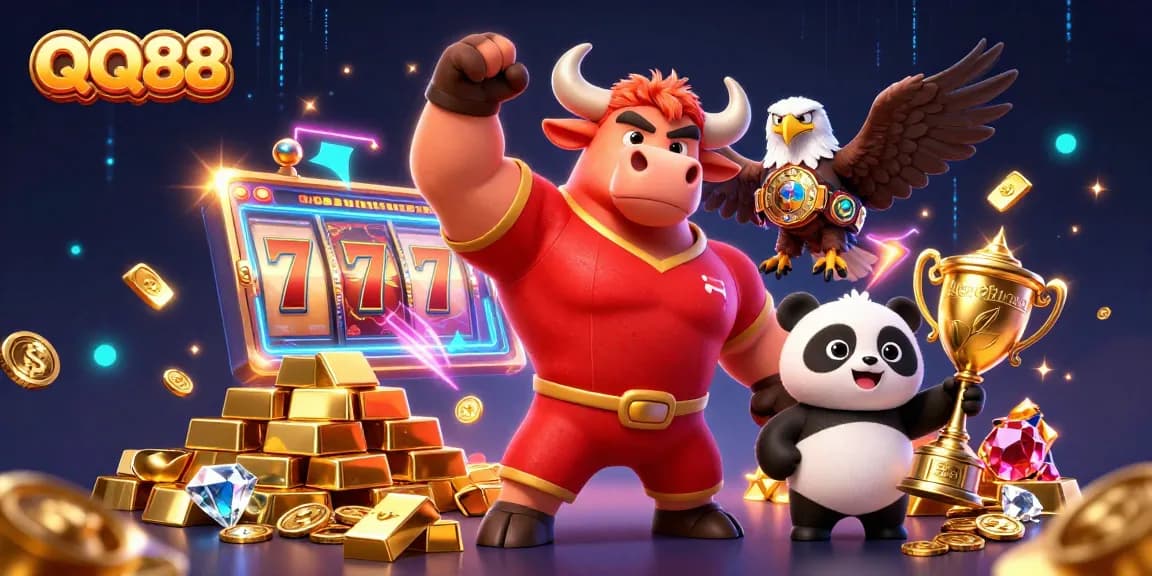 Play exciting slots with QQ88, featuring a dynamic scene of casino characters celebrating big wins!
