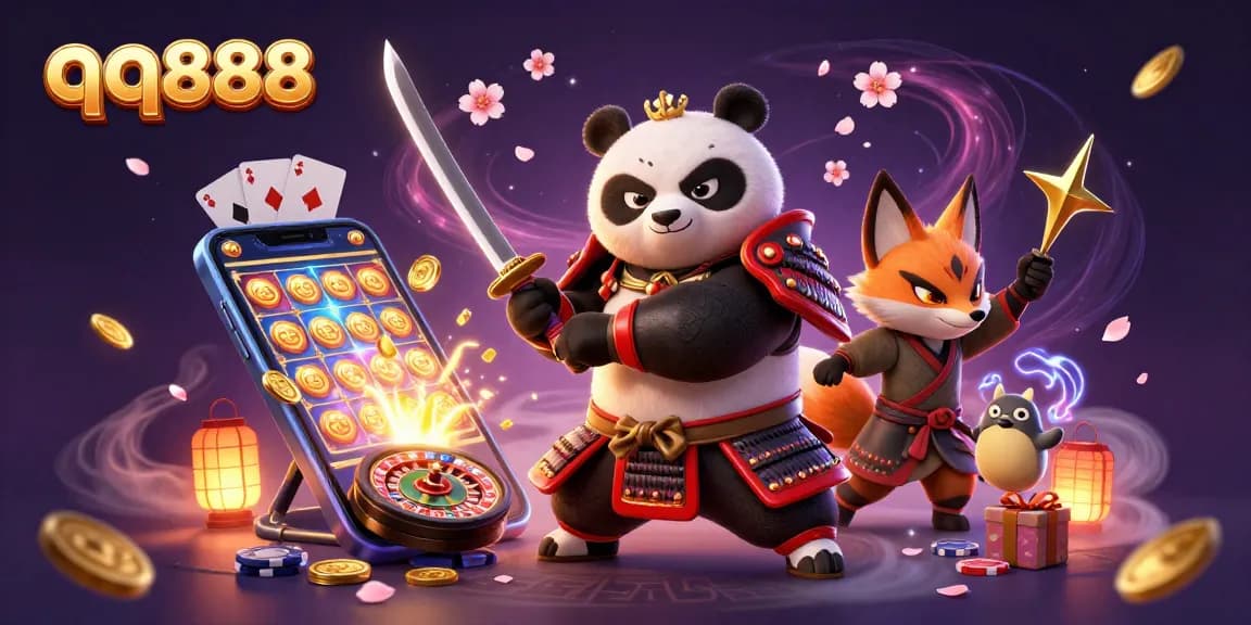Win big with qq888 while enjoying a vibrant 3D casino scene featuring samurai panda and ninja fox.