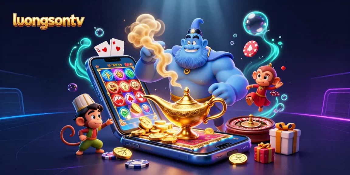 Experience the excitement on luongsontv with a vibrant 3D illustration of a genie, monkey, and poker-themed elements.