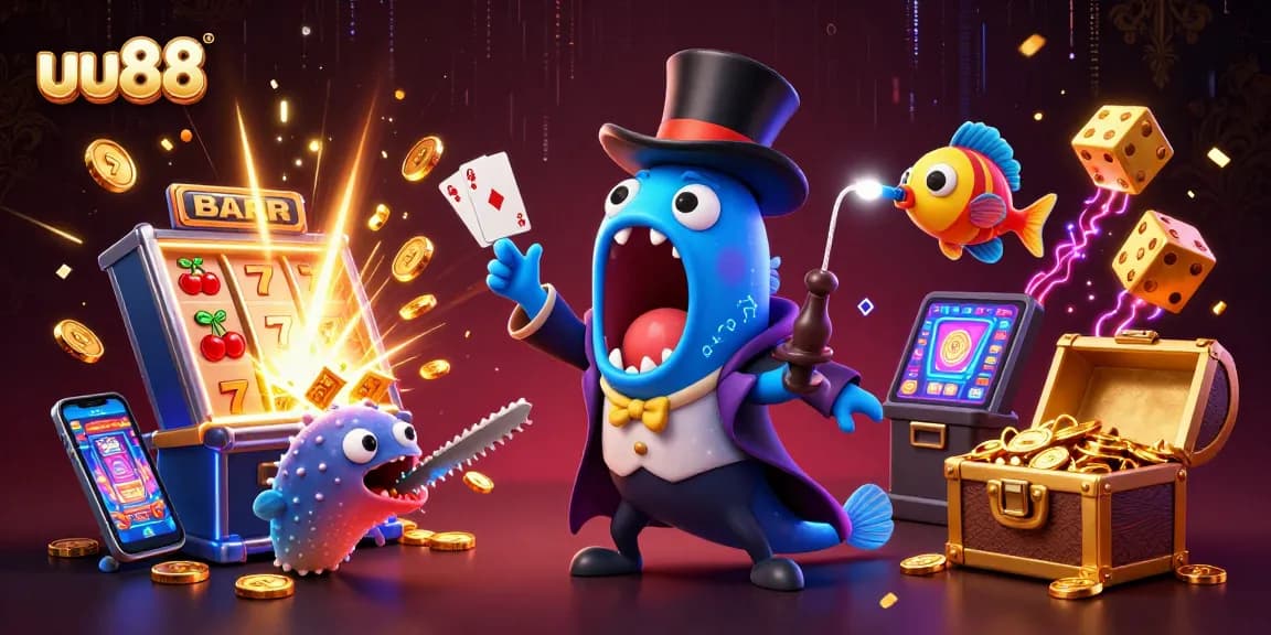 Engage with uu88's vibrant gambling scene featuring a magical performance of cards, coins, and excitement.