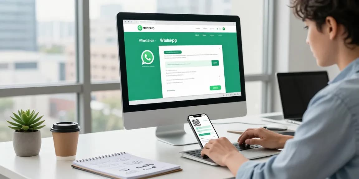 Professional using WhatsApp網頁版 on a modern workspace with desk and laptop.