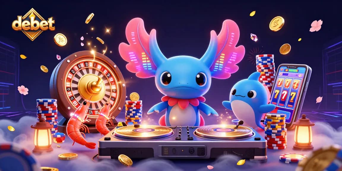 Debet showcases a vibrant 3D casino-themed scene with an axolotl DJ spinning and coins cascading.