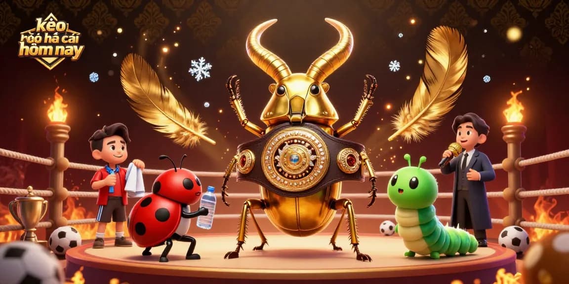 Engaging illustration of kèo nhà cái hôm nay featuring a golden stag beetle in a boxing belt amidst a betting arena.
