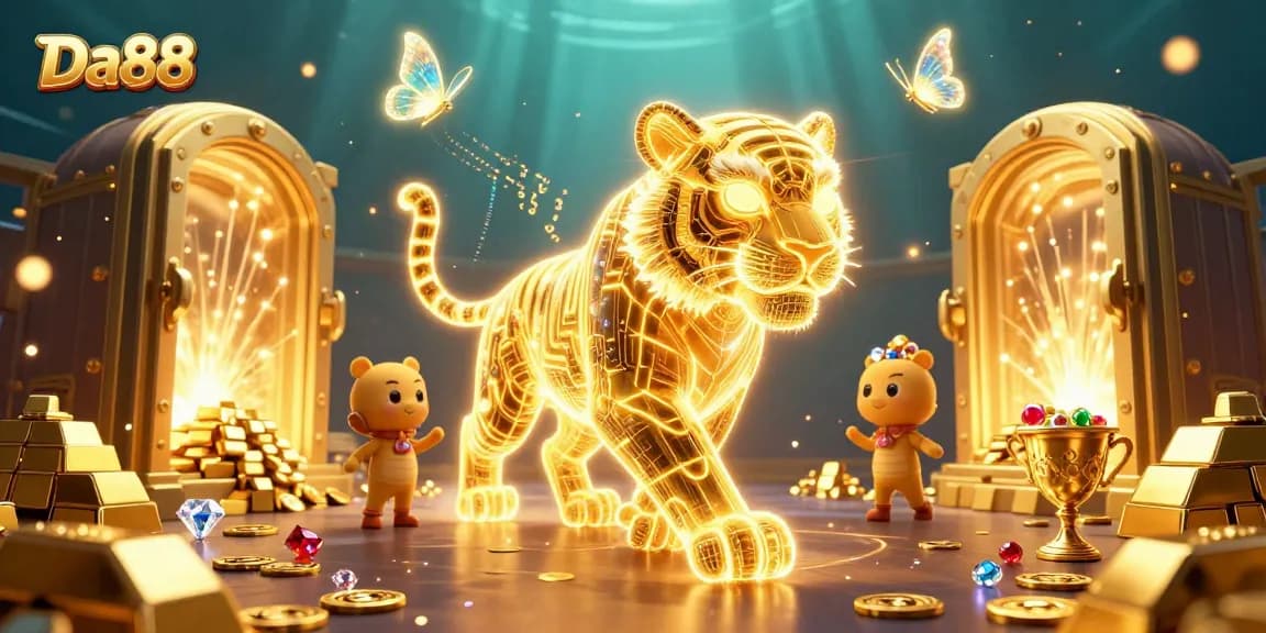 Experience Da88 in a vibrant casino landscape with a glowing tiger, gems, and dynamic treasures.