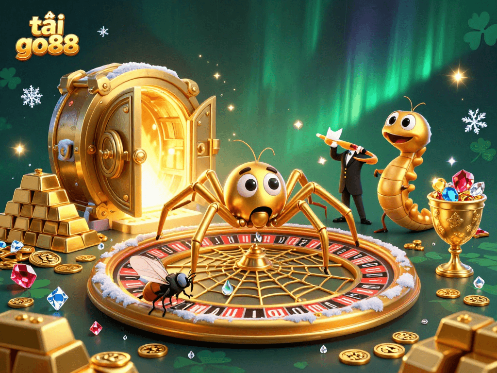 Tải go88 with a golden spider and centipede croupier in a dynamic casino scene.