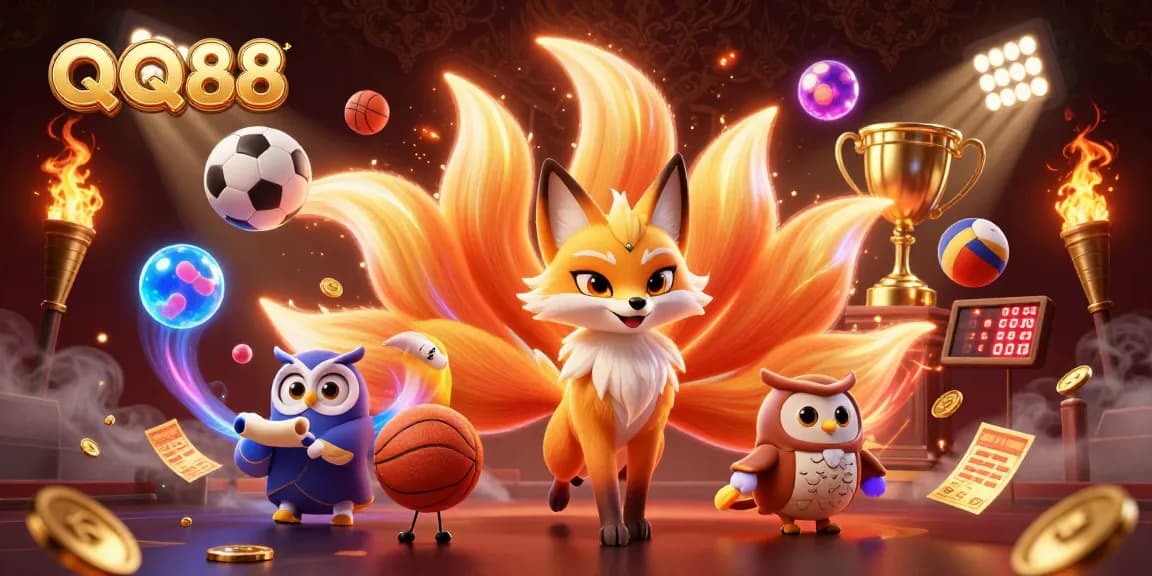 Experience the excitement of QQ88 with vibrant 3D characters among animated sports elements.