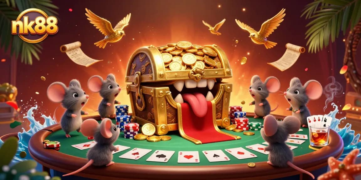 Engage in thrilling gameplay at nk88 with a treasure chest full of poker winnings and adventures.