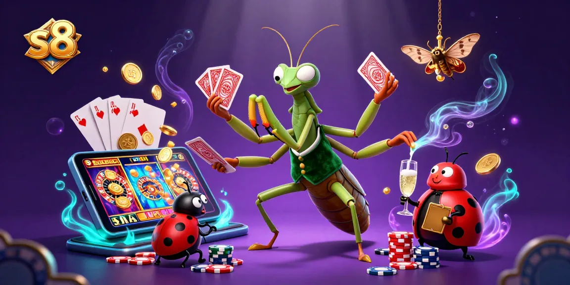 Engage with the vibrant world of s8 casino featuring a cartoon mantis dealing cards and celebrating wins.