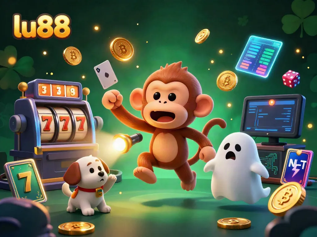 Experience thrilling moments with LU88's vibrant casino showcases, featuring a playful monkey and ghost-hunter dog.