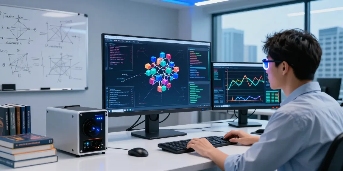 Researcher analyzing quantum computing algorithms in a modern workspace with advanced technology and city skyline view.