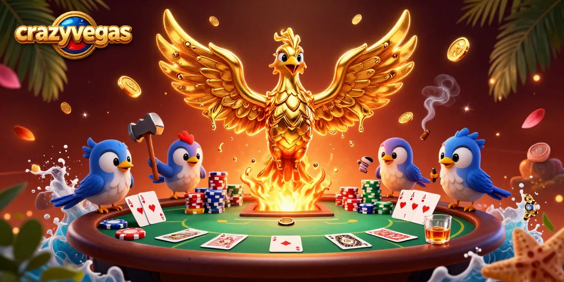 Engage with the thrill of crazyvegas as the golden phoenix rises from a poker game scene.