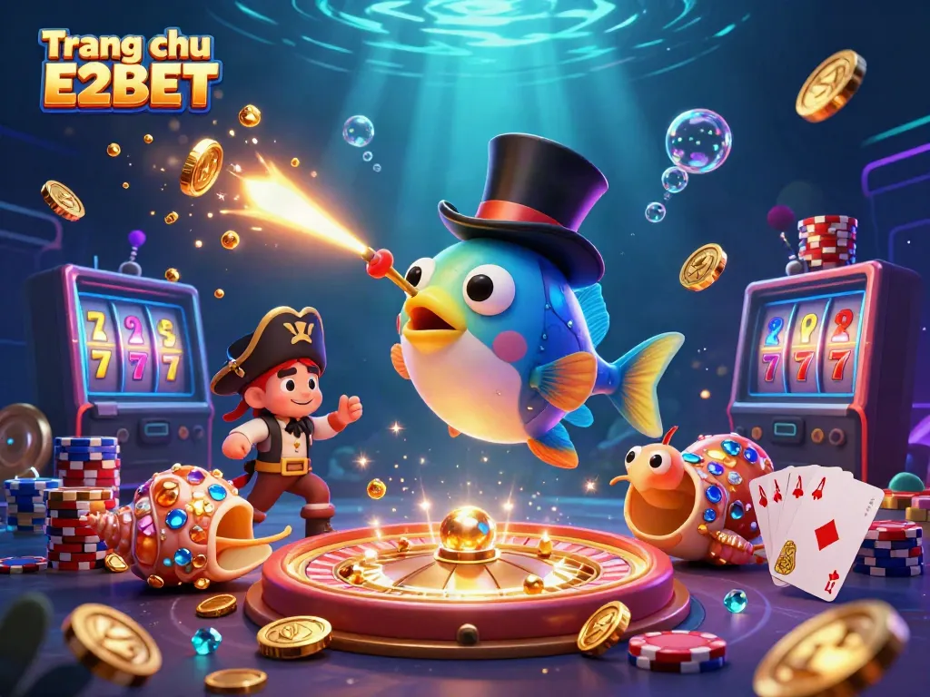 Cascading golden coins enhance the thrilling scene of Trang chu E2BET featuring a deep-sea anglerfish amidst vibrant casino elements.