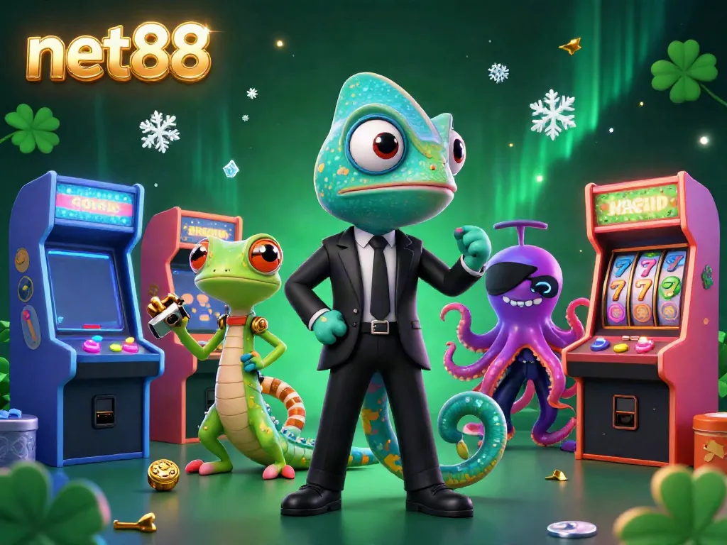 Win big with net88 in this vibrant 3D casino scene featuring colorful game elements and dynamic characters.